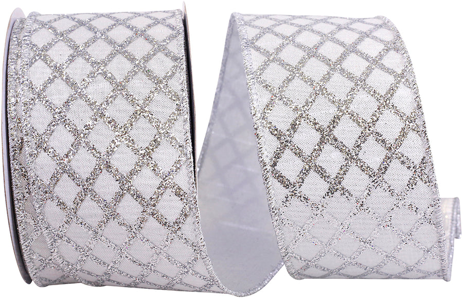 Silver Glitter Diamond Lattice Wired Edge Ribbon 2-1/2 Inch
