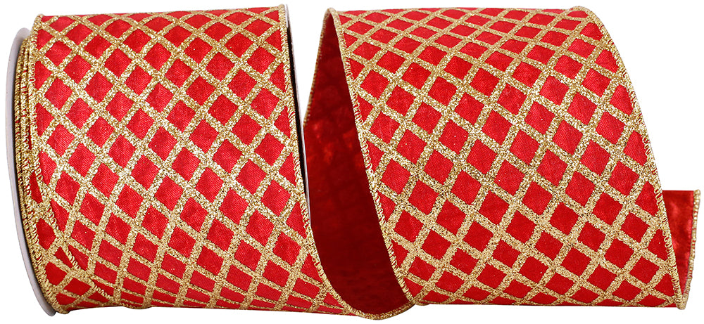 Glitter Diamond Lattice Wired Edge Ribbon Red Gold 4 Inch