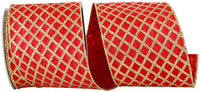 Glitter Diamond Lattice Wired Edge Ribbon Red Gold 4 Inch