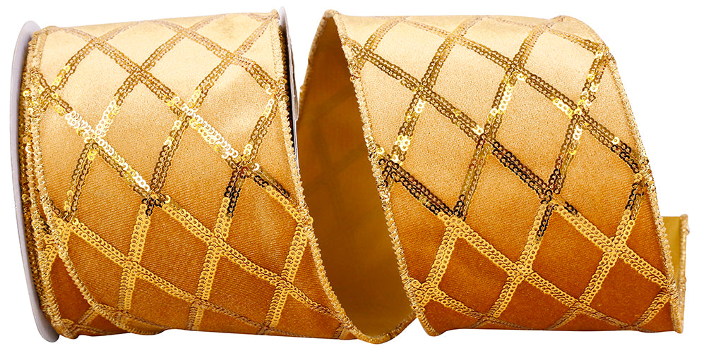 Gold 4 Inch Sequined Diamond Plush Wired Edge Ribbon for Wreaths & Bows