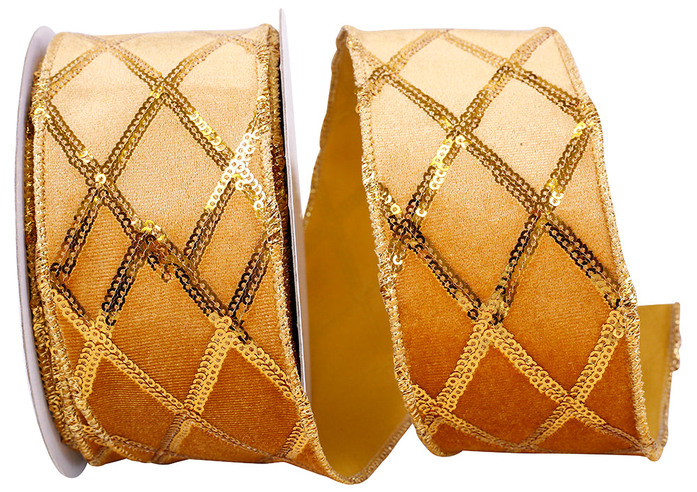 Gold 2-1 2 Inch Sequined Diamond Plush Wired Edge Ribbon for Wreaths & Bows