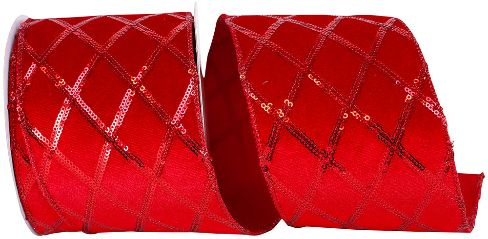Red 4 Inch Sequined Diamond Plush Wired Edge Ribbon for Wreaths & Bows