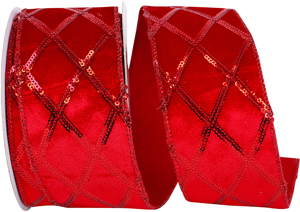 Red 2-1 2 Inch Sequined Diamond Plush Wired Edge Ribbon for Wreaths & Bows