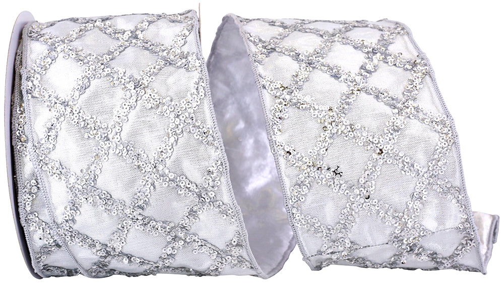 Silver 4 Inch Wired Edge Sequin Ribbon for Wreaths and Bows