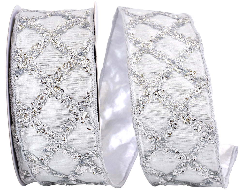 Silver 2-1/2 Inch Sequin Diamond Wired Edge Ribbon