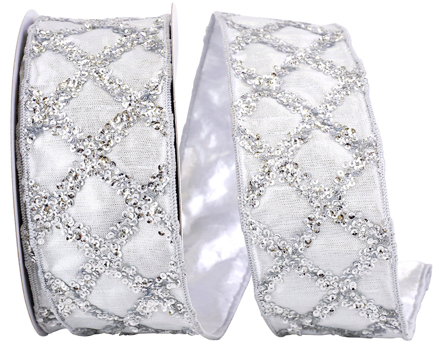 Silver 2-1/2 Inch Sequin Diamond Wired Edge Ribbon