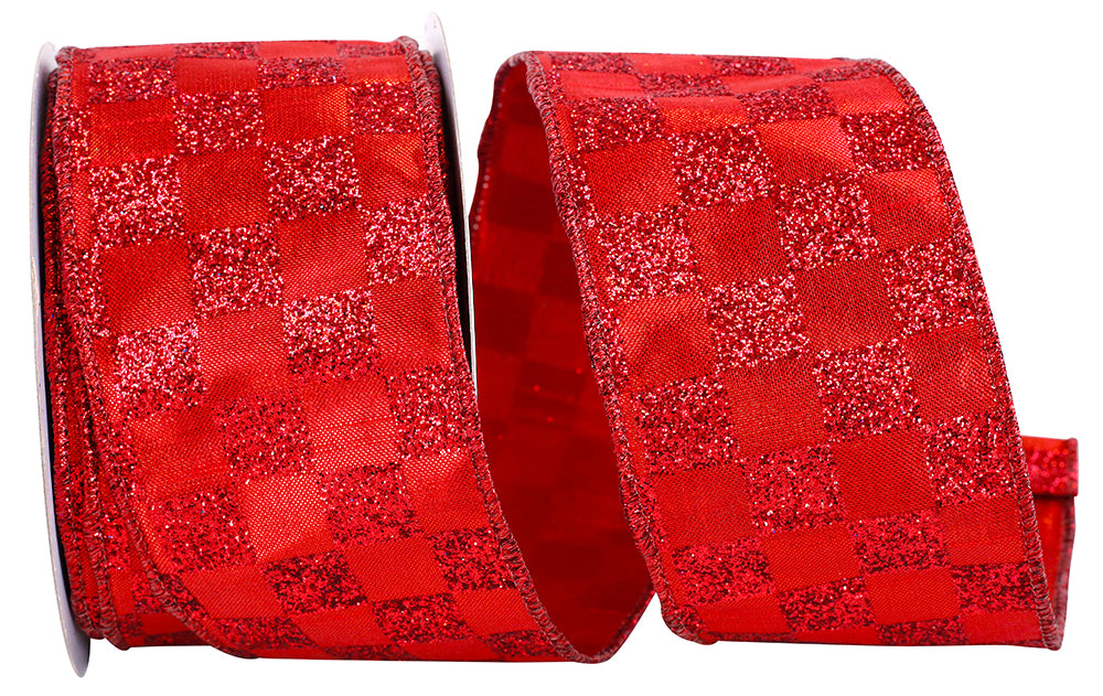 Red 2-1/2 Inch Glitter Check Metallic Shine Ribbon