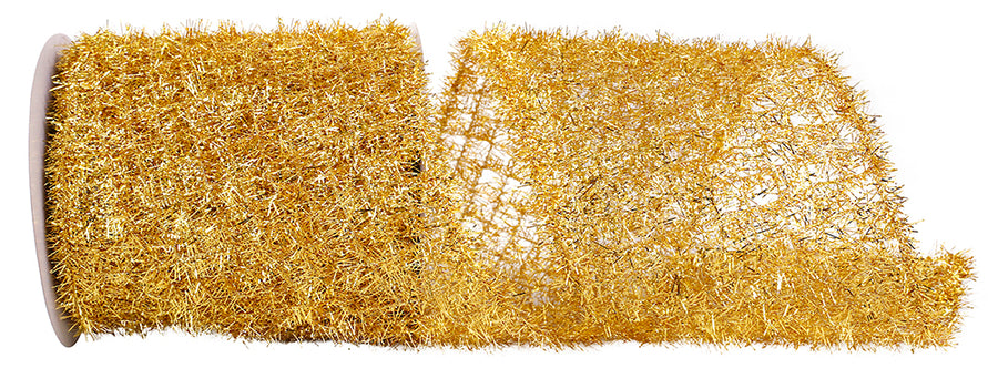 Gold Tinsel Net Frizette Wired Edge Ribbon 5-1/2 Inch