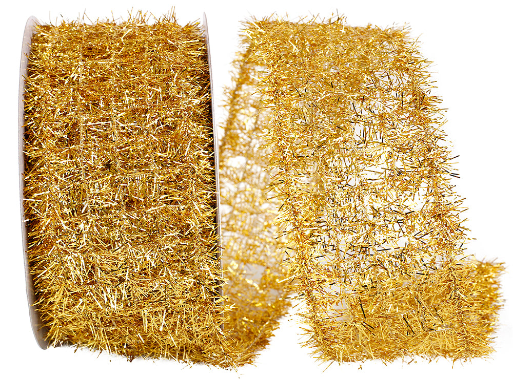 Gold Tinsel Net Frizette Wired Edge Ribbon 2-1/2 Inch