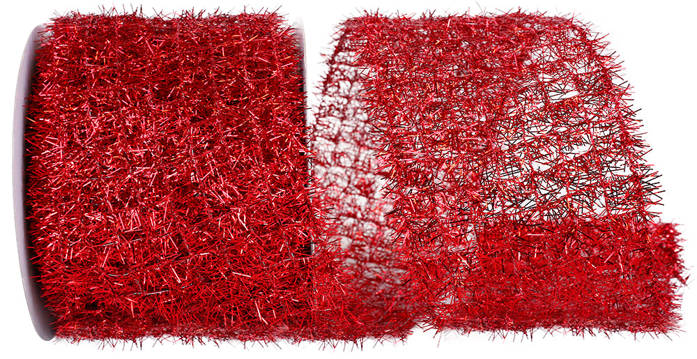 Red Tinsel Net Frizette Ribbon 4 Inch for Wreaths and Bows