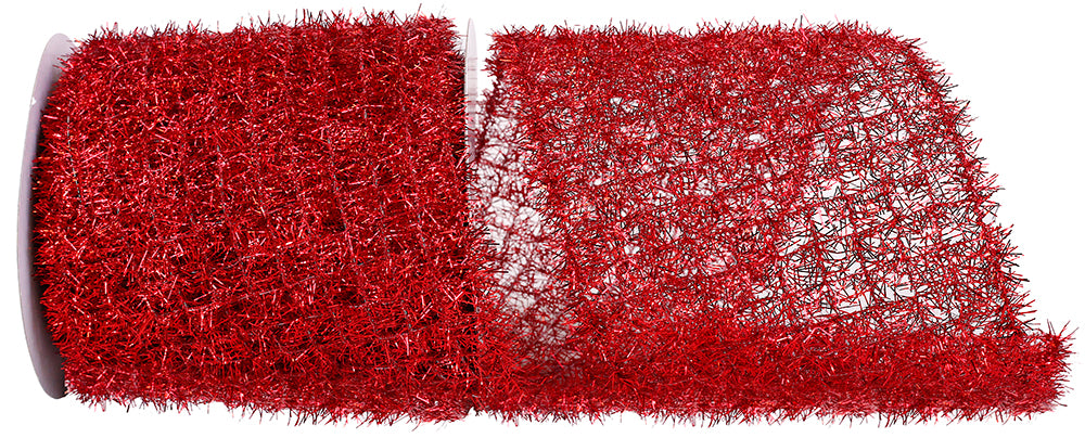 Red Tinsel Net Frizette Wired Edge Ribbon 5-1/2 Inch