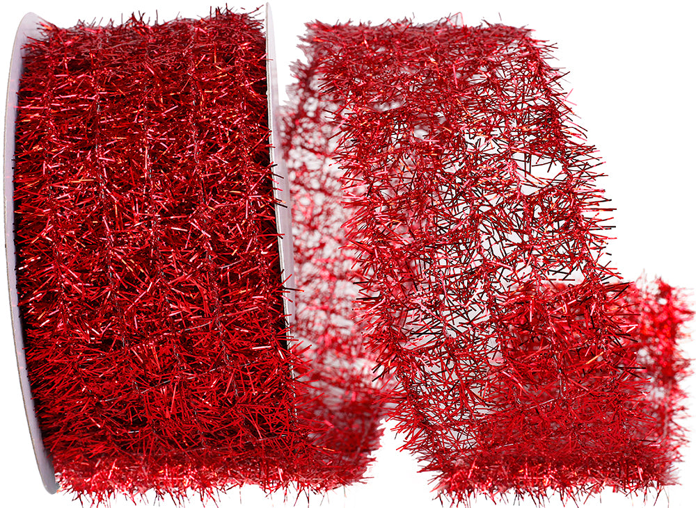 Red Tinsel Net Frizette Wired Edge Ribbon 2-1/2 Inch