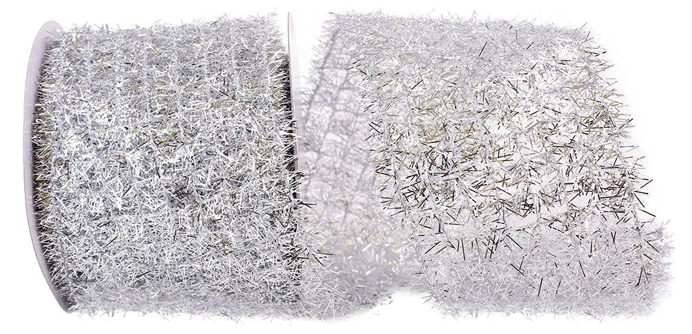 Silver 4 Inch Wired Edge Tinsel Net Ribbon for Bows