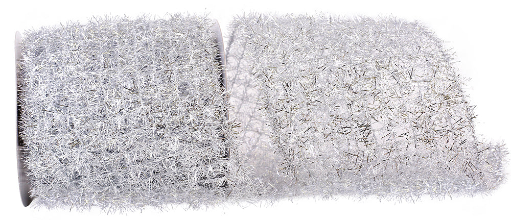 Silver Tinsel Net Frizette Wired Edge Ribbon 5-1/2 Inch