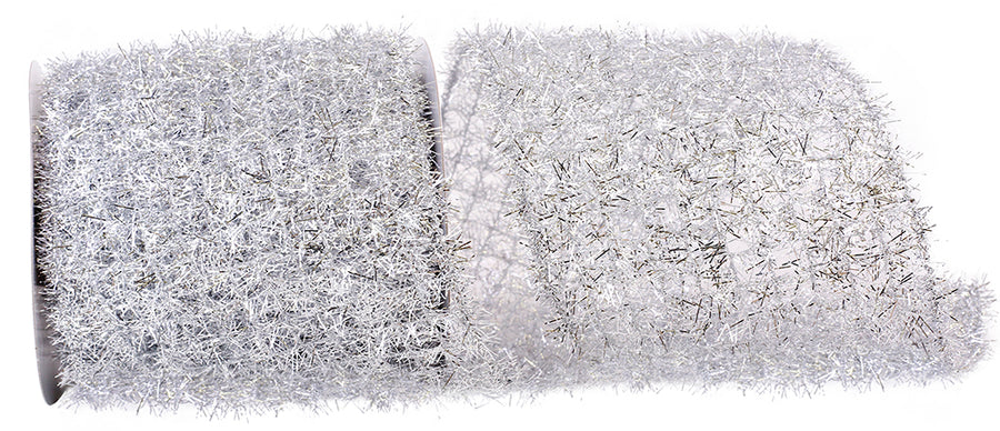 Silver Tinsel Net Frizette Wired Edge Ribbon 5-1/2 Inch