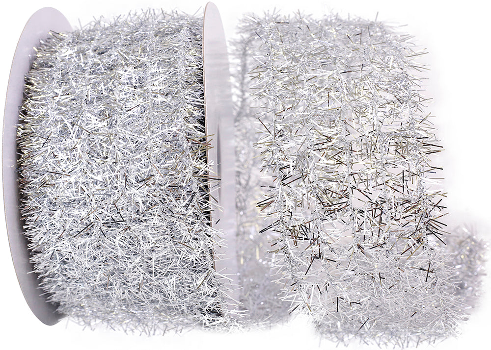 Silver Tinsel Net Frizette Wired Edge Ribbon 2-1/2 Inch