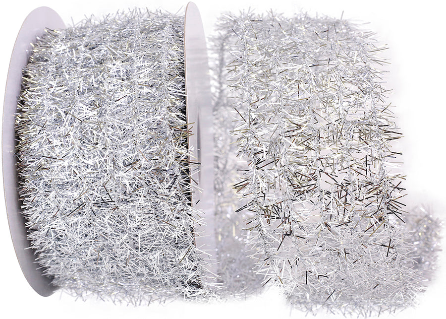 Silver Tinsel Net Frizette Wired Edge Ribbon 2-1/2 Inch