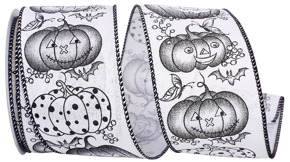 White Black 2-1 2 Inch Jackolantern Pumpkin Monotone Linen Wired Edge Ribbon for Wreaths & Bows