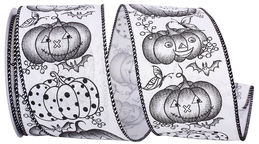 White Black 2-1 2 Inch Jackolantern Pumpkin Monotone Linen Wired Edge Ribbon for Wreaths & Bows