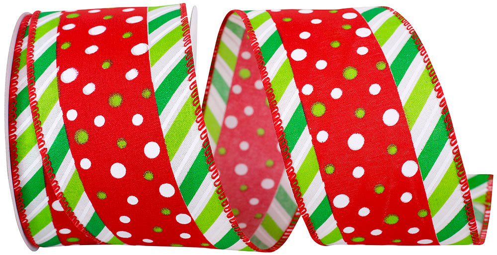 Red Green 2-1 2 Inch Fun Dot Ticking Diagonal Wired Edge Ribbon for Wreaths & Bows