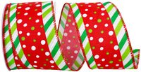 Red Green 2-1 2 Inch Fun Dot Ticking Diagonal Wired Edge Ribbon for Wreaths & Bows