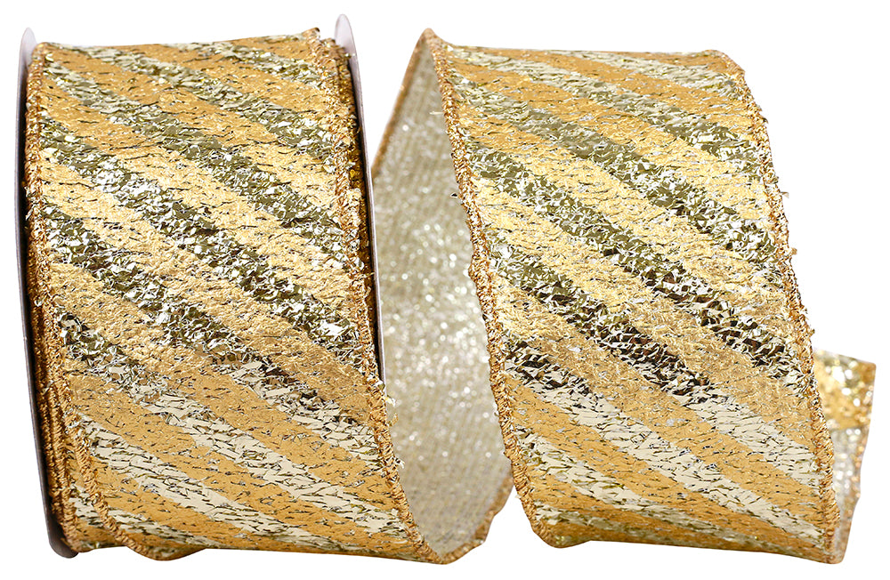 Gold Diagonal Metallic Stripe Wired Edge Ribbon 2-1/2 Inch