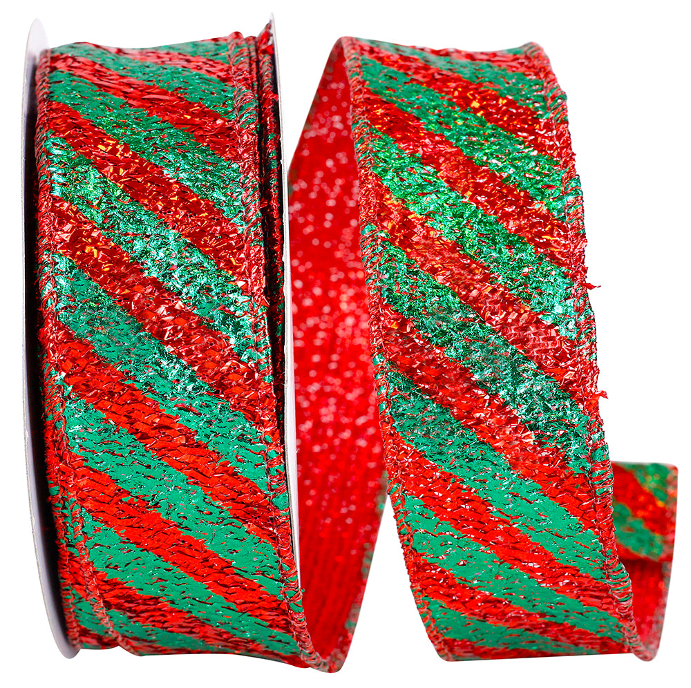 Diagonal Metallic Stripe Wired Edge Ribbon Red Green 1-1/2 Inch