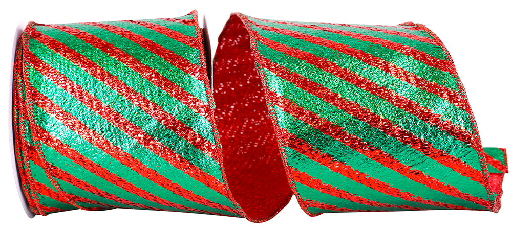 Diagonal Stripe Wired Edge Ribbon Red Green 4 Inch 10 Yards