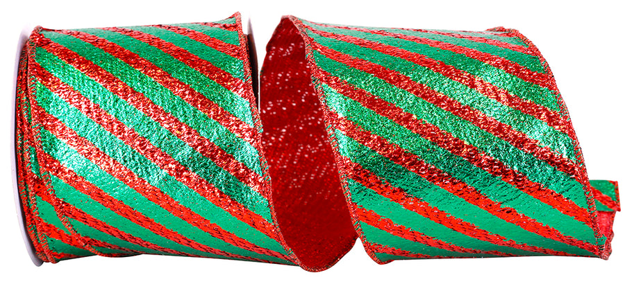 Diagonal Stripe Wired Edge Ribbon Red Green 4 Inch 10Yds