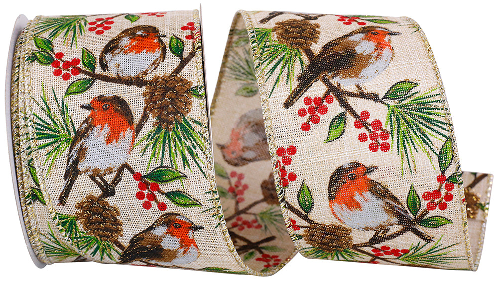 Natural 2-1 2 Inch Robin Perched Linen Wired Edge Ribbon for Wreaths & Bows