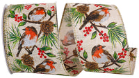 Natural 2-1 2 Inch Robin Perched Linen Wired Edge Ribbon for Wreaths & Bows