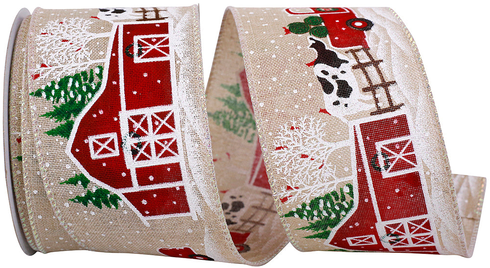 Natural 2-1 2 Inch Snowy Farmhouse Scene Wired Edge Ribbon for Wreaths & Bows