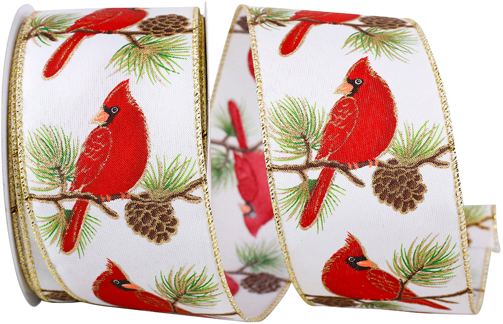 Red White 2-1 2 Inch Cardinal Pinecone Perch Wired Edge Ribbon for Wreaths & Bows