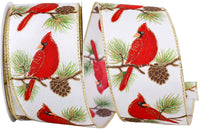 Red White 2-1 2 Inch Cardinal Pinecone Perch Wired Edge Ribbon for Wreaths & Bows