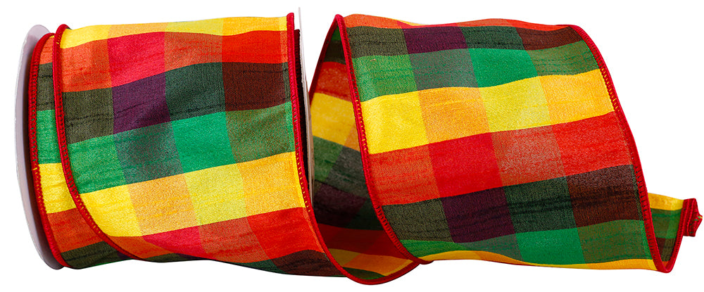 Multi 4 Inch Check Festive Multi Dupioni Ribbon for Wreaths & Bows