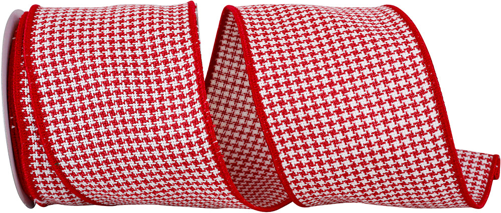 Red White 4 Inch Houndstooth Stitch Weave Wired Edge Ribbon for Wreaths & Bows