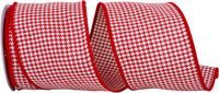 Red White 4 Inch Houndstooth Stitch Weave Wired Edge Ribbon for Wreaths & Bows