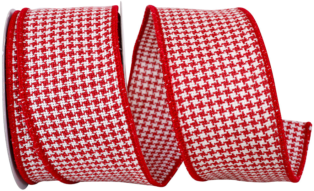 Red White 2-1 2 Inch Houndstooth Stitch Weave Wired Edge Ribbon for Wreaths & Bows