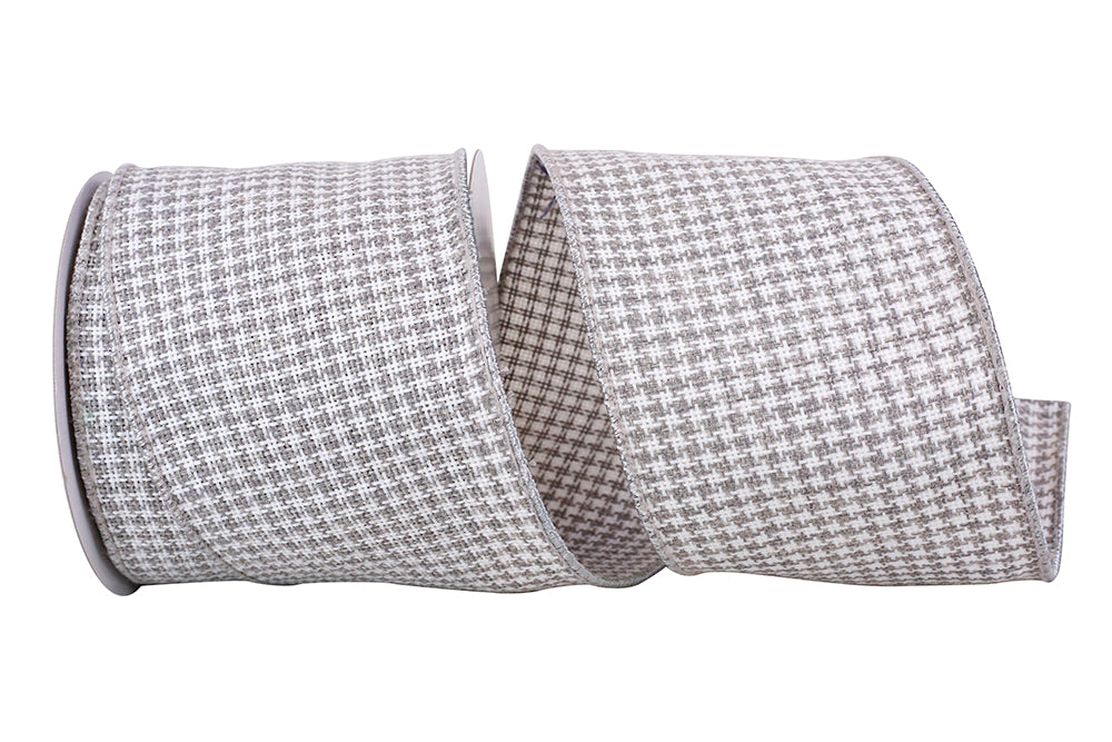 Grey White 4 Inch Houndstooth Stitch Weave Wired Edge Ribbon for Wreaths & Bows