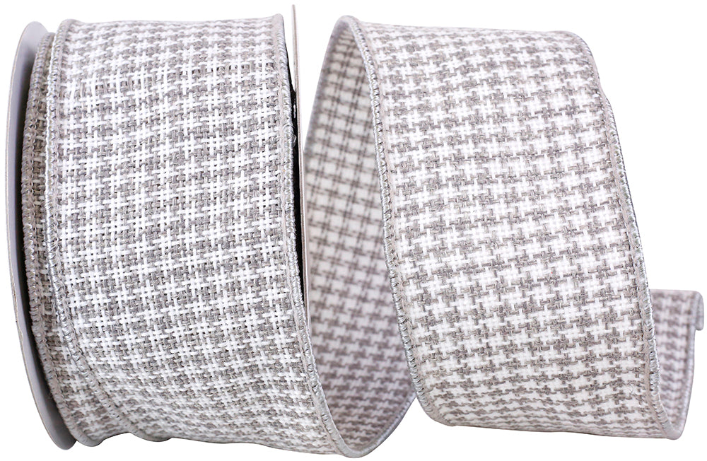 Grey White 2-1 2 Inch Houndstooth Stitch Weave Wired Edge Ribbon for Wreaths & Bows