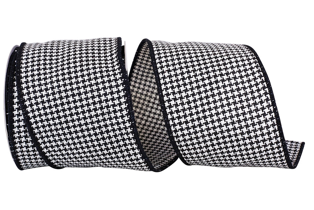 Black White 4 Inch Houndstooth Stitch Weave Wired Edge Ribbon for Wreaths & Bows