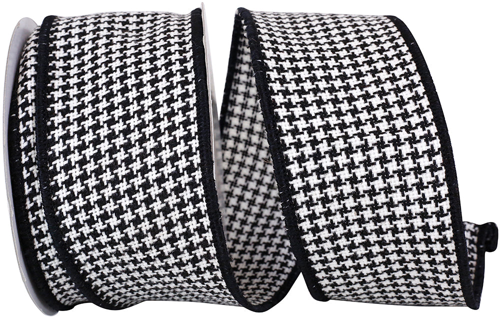 Black White 2-1 2 Inch Houndstooth Stitch Weave Wired Edge Ribbon for Wreaths & Bows