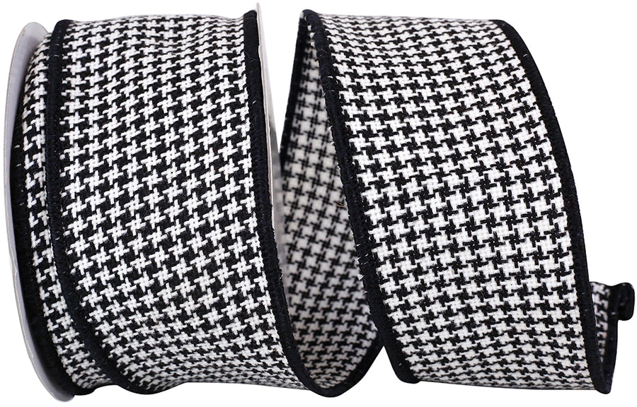 Black White 2-1 2 Inch Houndstooth Stitch Weave Wired Edge Ribbon for Wreaths & Bows