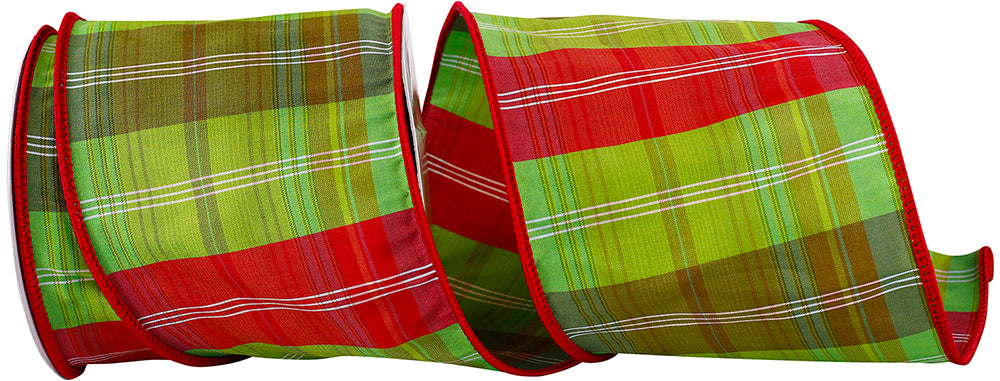 4 Inch Lime Red Charleston Plaid Wired Edge Ribbon