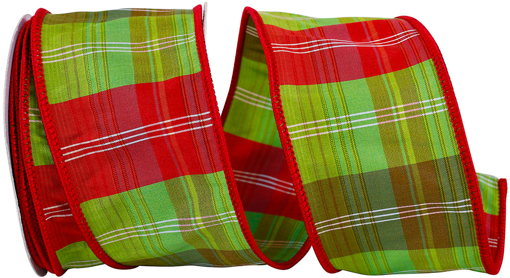 Charleston Plaid Wired Edge Ribbon Lime Red 2-1/2 Inch