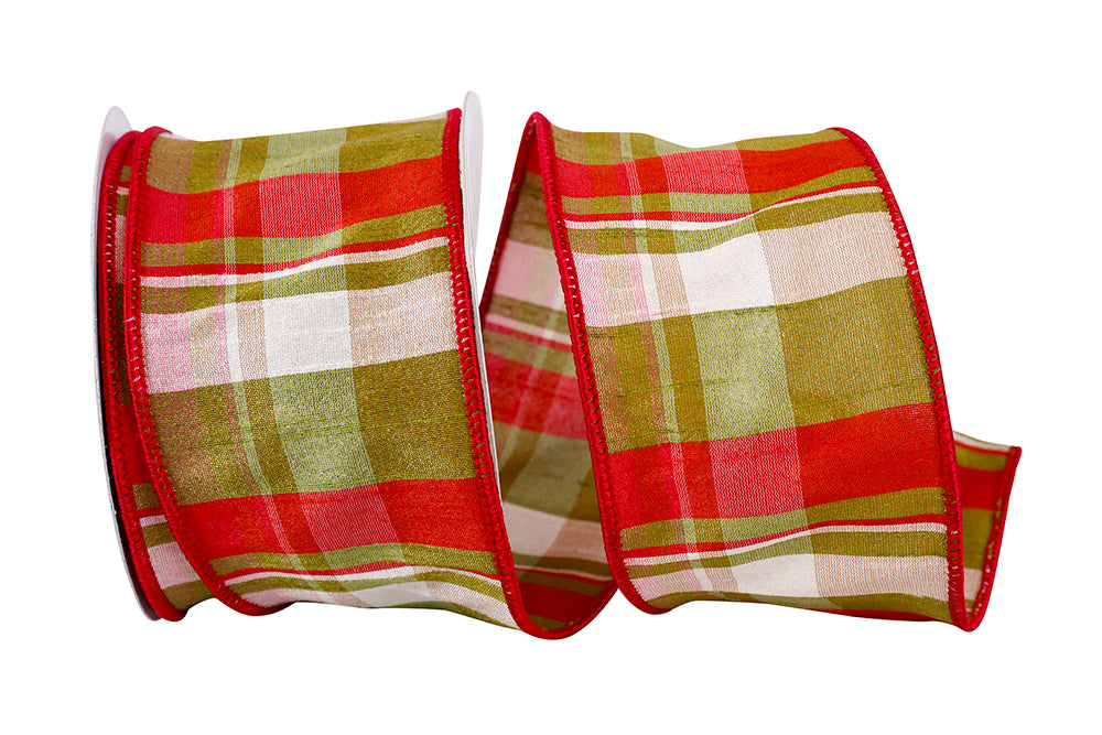 Richmond Plaid Dupioni Ribbon Moss Red 2-1/2 Inch