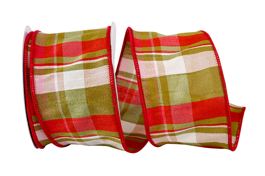 Richmond Plaid Dupioni Ribbon Moss Red 2-1/2 Inch