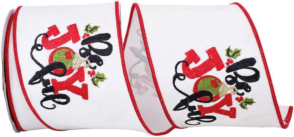 White Red 4 Inch Be Joyful Embroidered Wired Edge Ribbon for Wreaths & Bows