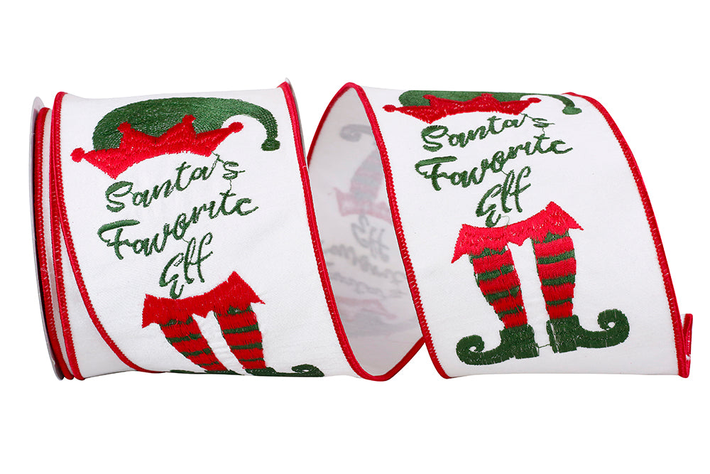 White Red 4 Inch Santa's Favorite Elf Embroidered Wired Edge Ribbon for Wreaths & Bows