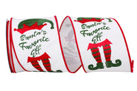 White Red 4 Inch Santa's Favorite Elf Embroidered Wired Edge Ribbon for Wreaths & Bows